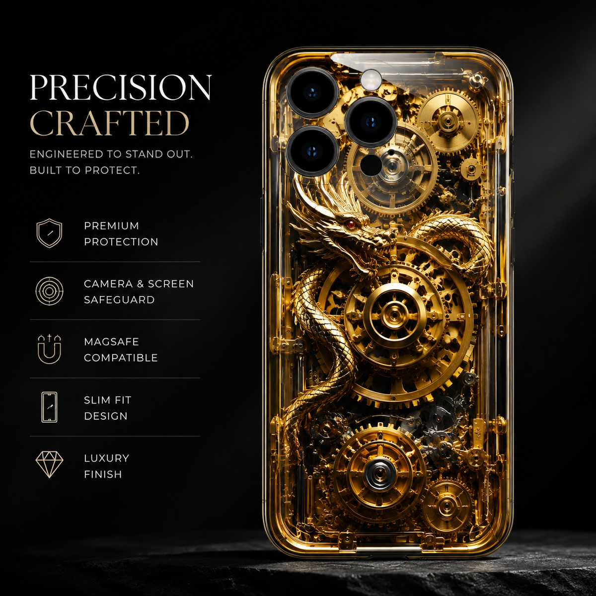 Premium iPhone Case LED Luminous Golden Dragon Cover Sound Reactive Tempered Glass Shockproof Protection