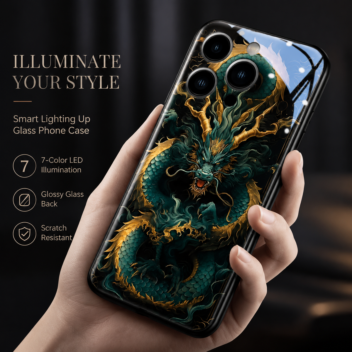 Premium iPhone Case LED Luminous Golden Dragon Cover Sound Reactive Tempered Glass Shockproof Protection