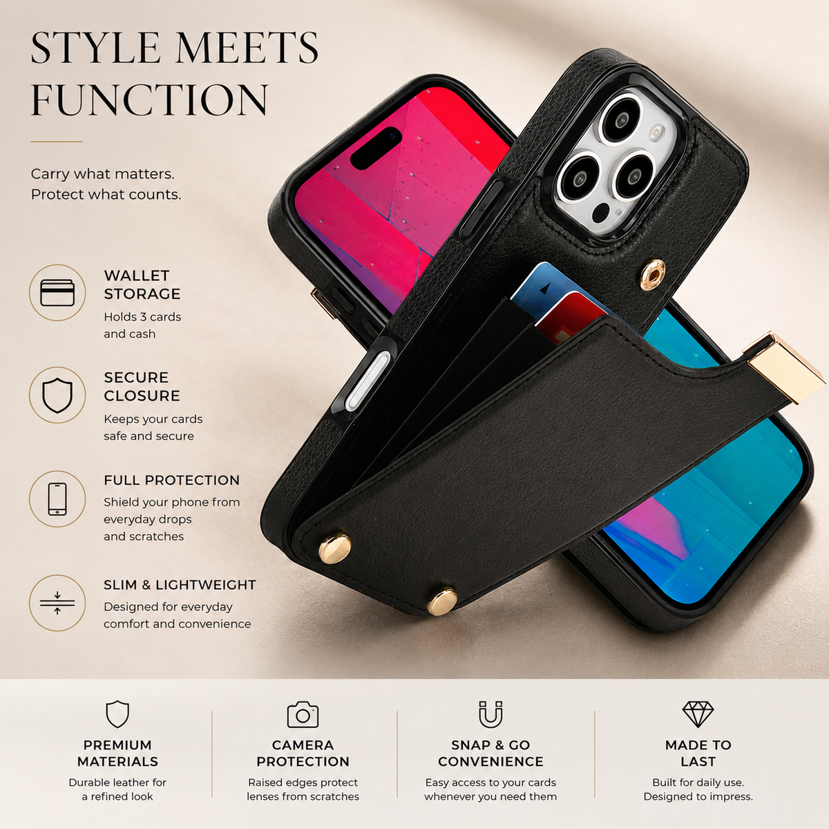 Premium iPhone Case Leather Wallet Flip Cover Card Holder Secure Pocket Shockproof Full Protection