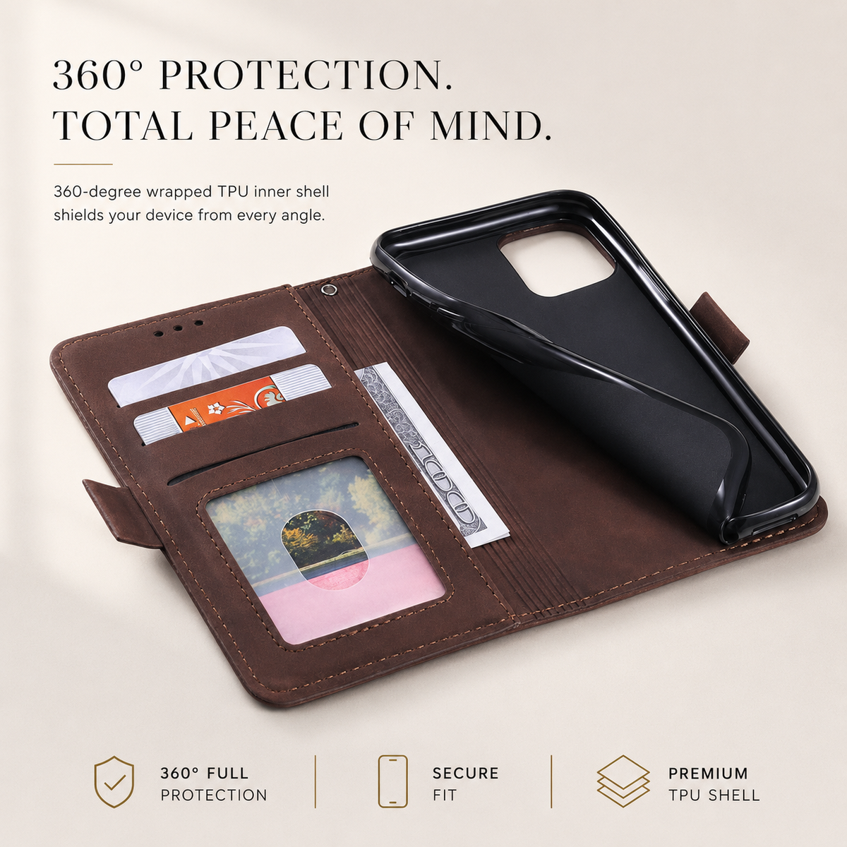 Premium iPhone Case Leather Wallet Flip Cover Card Slots Magnetic Closure Full Body Protection