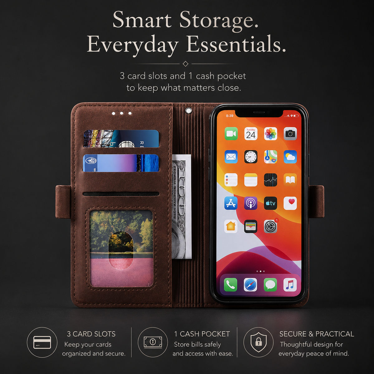 Premium iPhone Case Leather Wallet Flip Cover Card Slots Magnetic Closure Full Body Protection