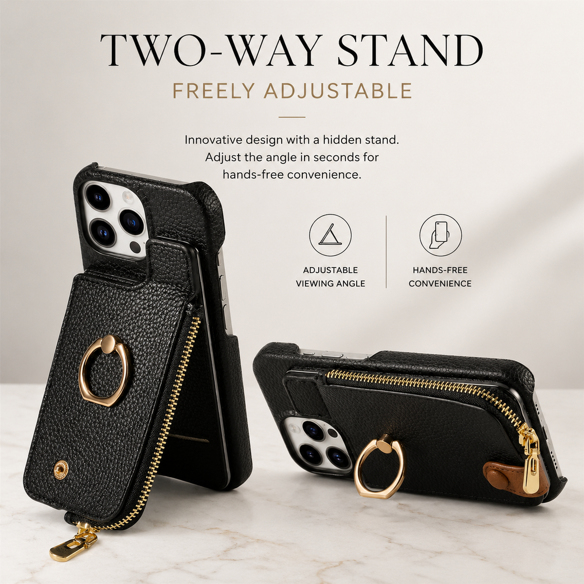 Premium iPhone Case Leather Zipper Wallet Cover Card Holder Ring Kickstand Full Protection