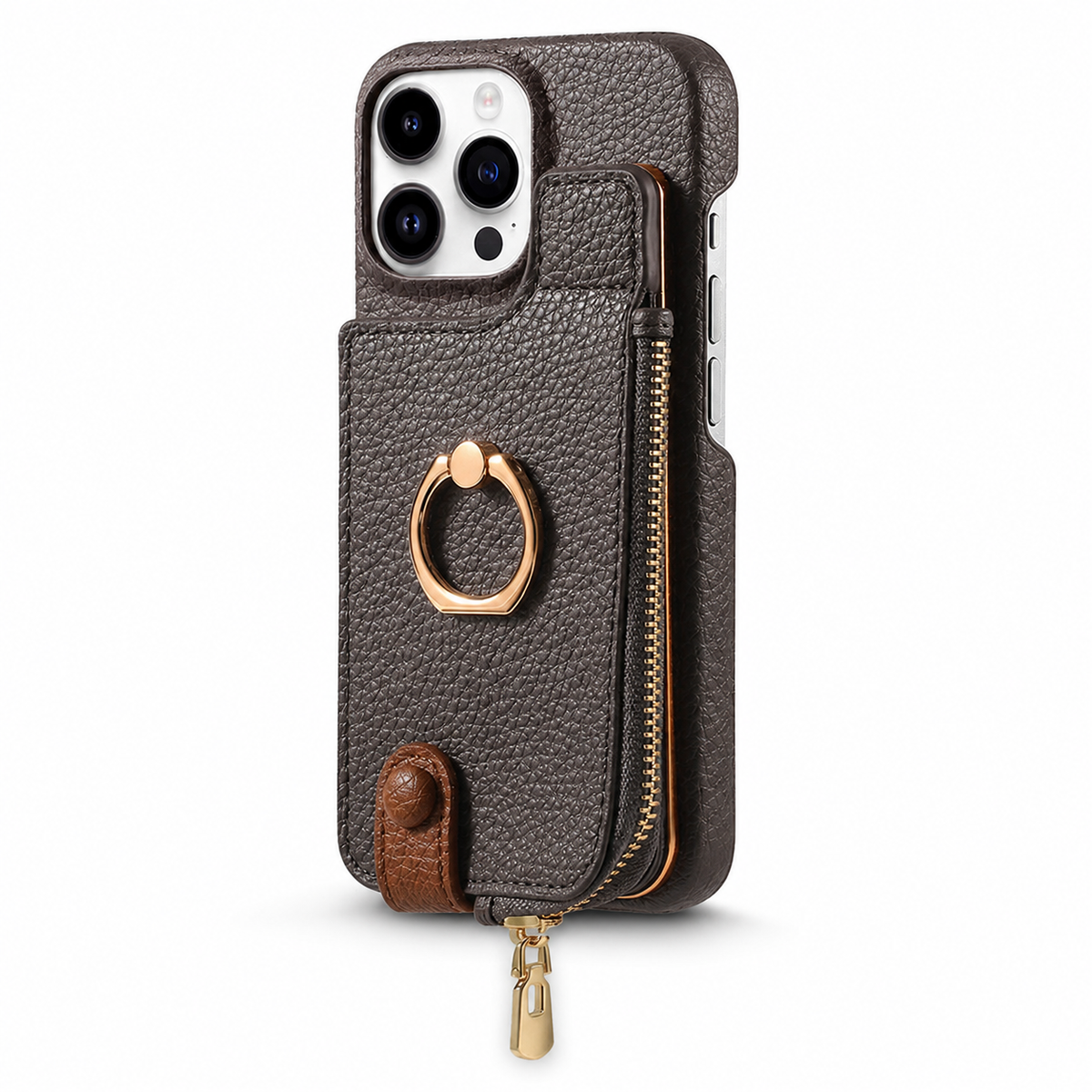 Premium iPhone Case Leather Zipper Wallet Cover Card Holder Ring Kickstand Full Protection