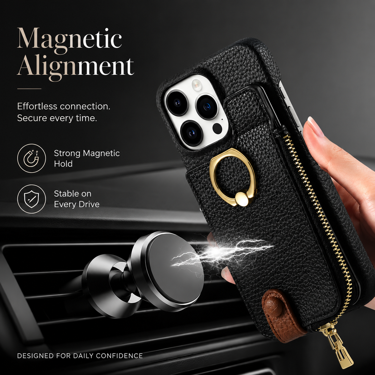 Premium iPhone Case Leather Zipper Wallet Cover Card Holder Ring Kickstand Full Protection