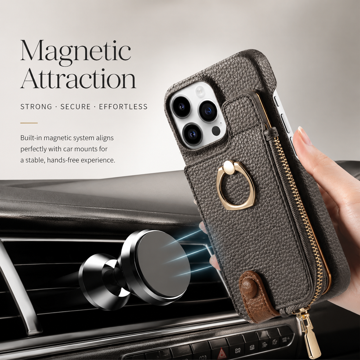 Premium iPhone Case Leather Zipper Wallet Cover Card Holder Ring Kickstand Magnetic Closure Shockproof Full Coverage