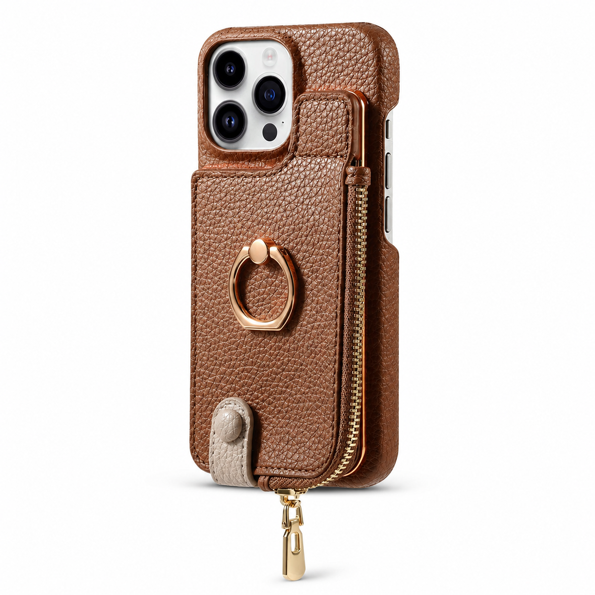 Premium iPhone Case Leather Zipper Wallet Cover Card Holder Ring Kickstand Magnetic Closure Shockproof Full Coverage