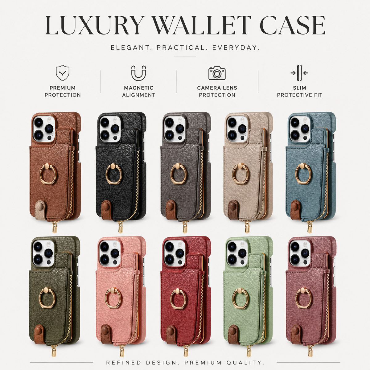 Premium iPhone Case Leather Zipper Wallet Cover Card Holder Ring Kickstand Magnetic Closure Shockproof Full Coverage