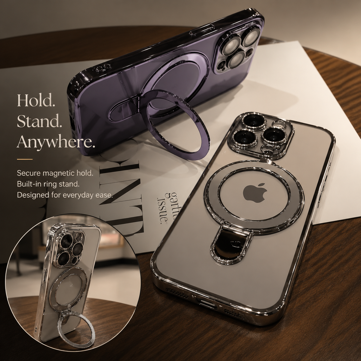 Premium iPhone Case MagSafe Clear Acrylic Cover Magnetic Stand Holder Shockproof Anti Fingerprint Lens Protection