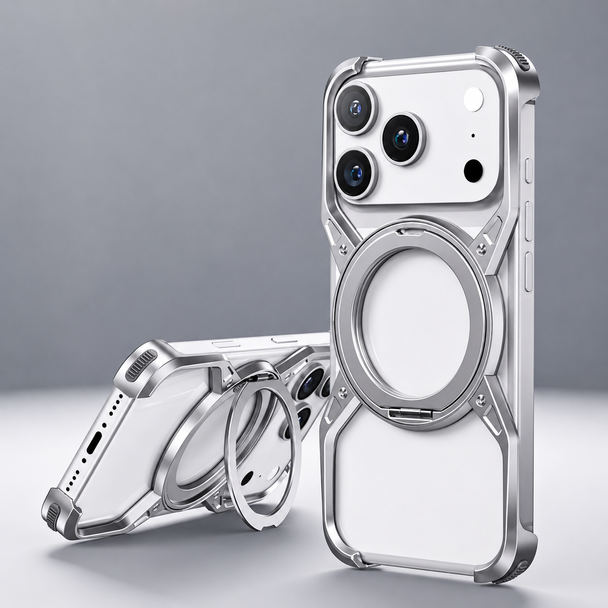 Premium iPhone Case MagSafe Compatible Aluminum Alloy Bumper Cover 360° Rotating Ring Stand Shockproof Camera Lens Protection