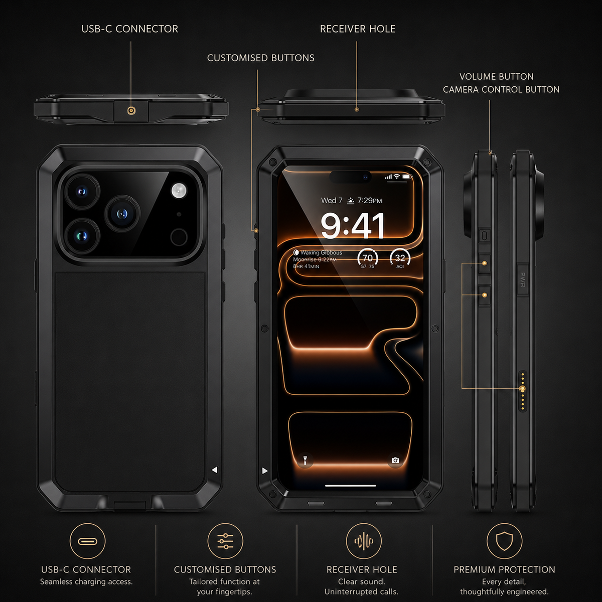 Premium iPhone Case MagSafe Compatible Aluminum Armor Frame Cover Heavy Duty Shockproof Built-in Glass Screen Protection