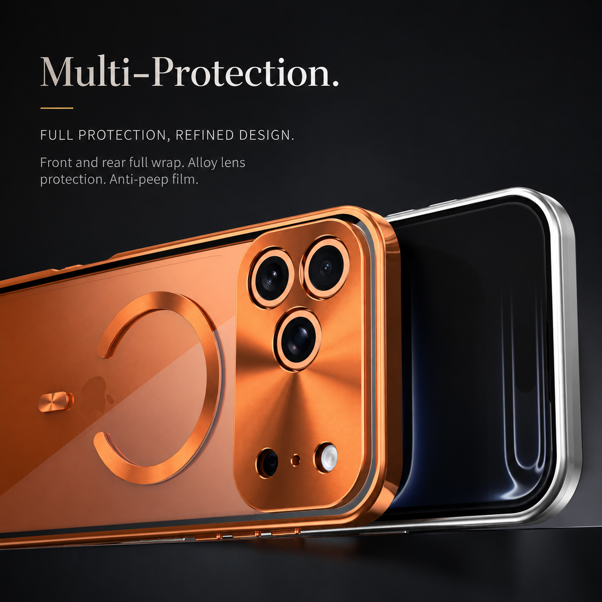 Premium iPhone Case MagSafe Compatible Aluminum Frame Cover Privacy Screen Protector Clear Back Shockproof Camera Lens Protection