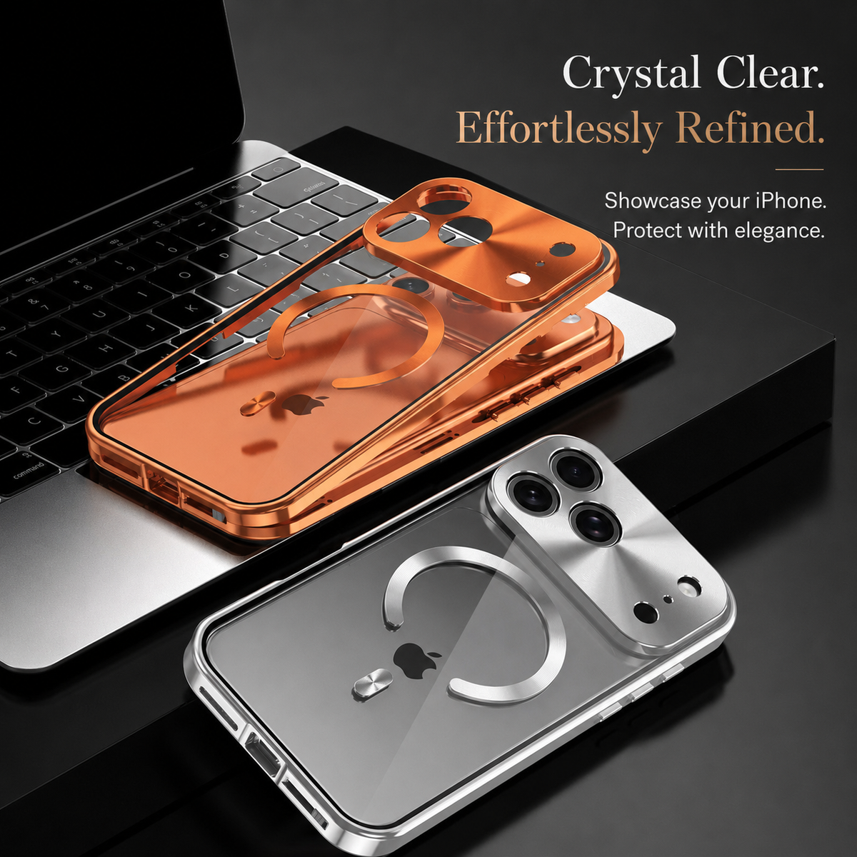 Premium iPhone Case MagSafe Compatible Aluminum Frame Cover Privacy Screen Protector Clear Back Shockproof Camera Lens Protection
