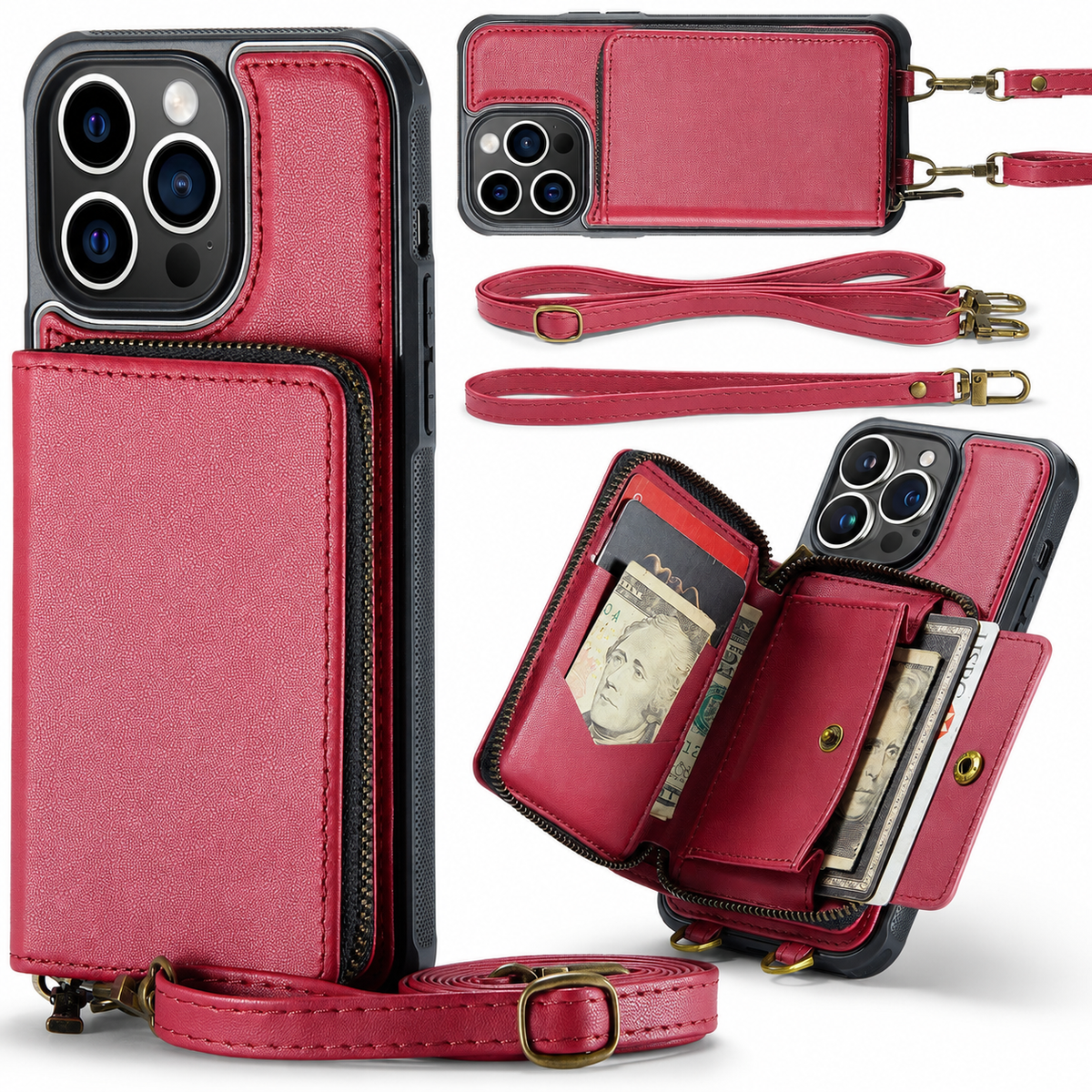 Premium iPhone Case MagSafe Compatible Crossbody Wallet Cover PU Leather Card Holder Stand Full Protection