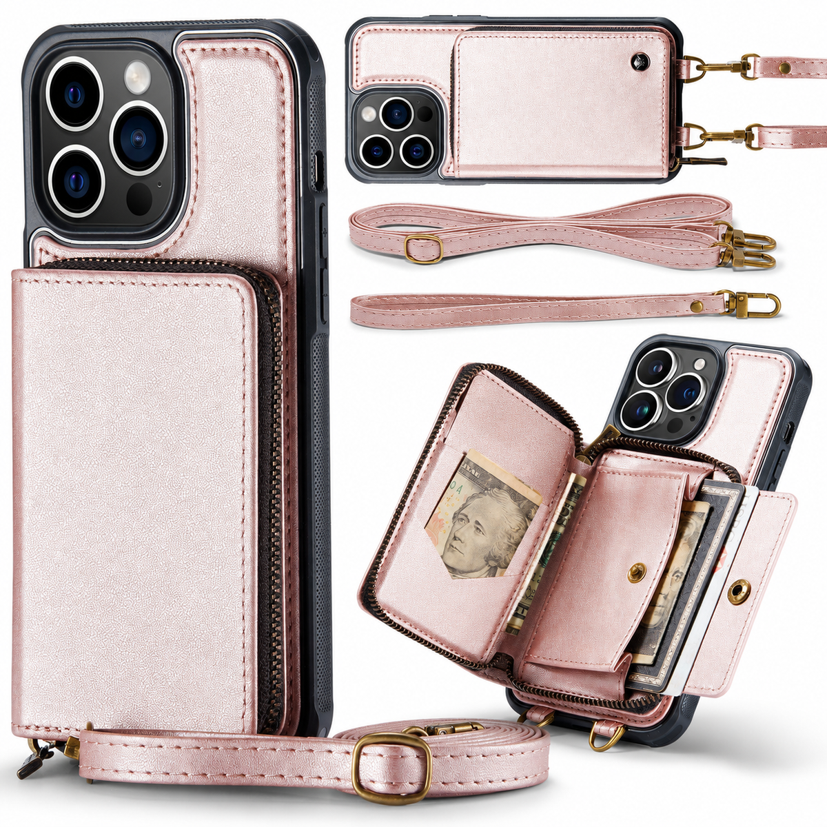 Premium iPhone Case MagSafe Compatible Crossbody Wallet Cover PU Leather Card Holder Stand Full Protection