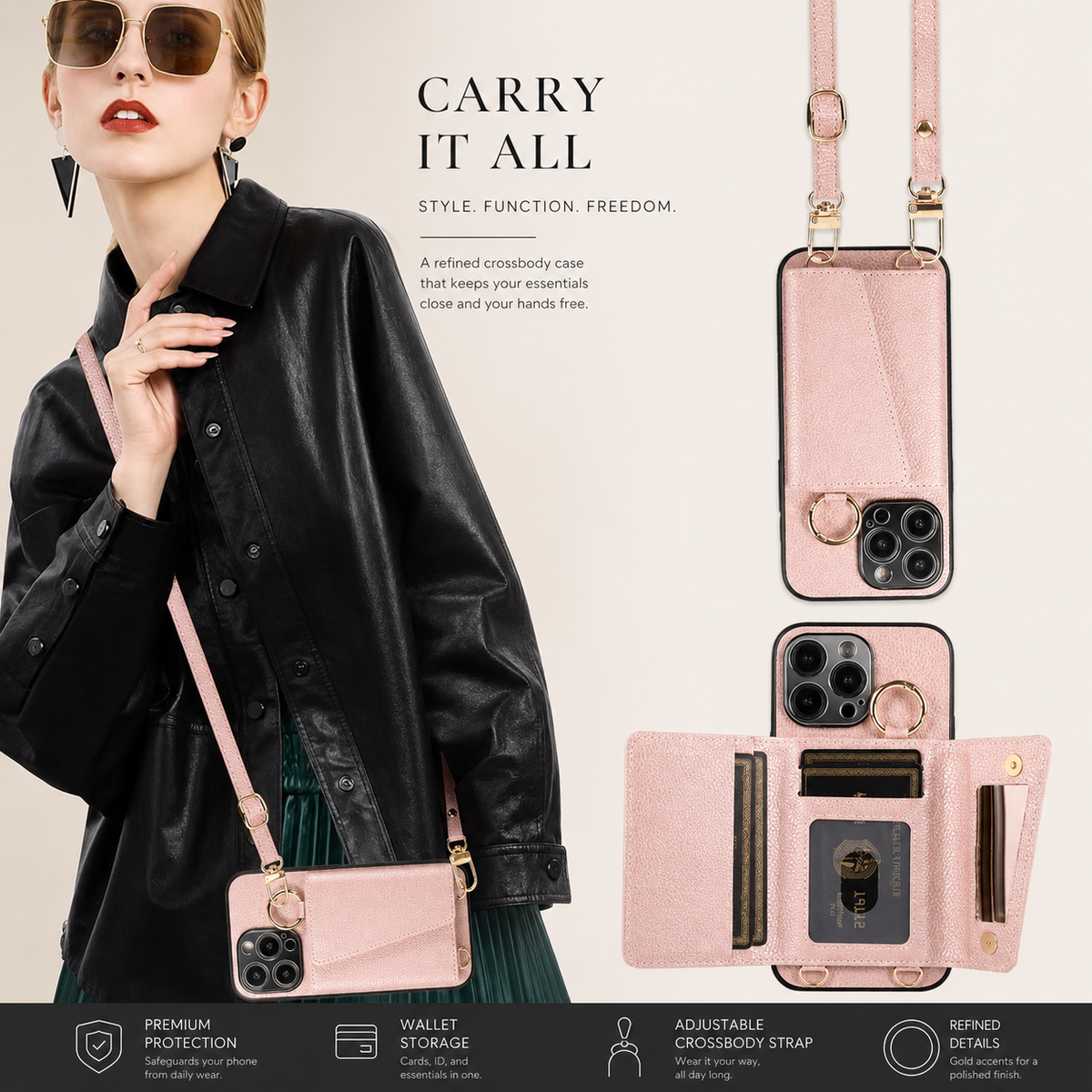 Premium iPhone Case MagSafe Compatible Crossbody Wallet Cover PU Leather Card Slots Ring Holder Full Protection