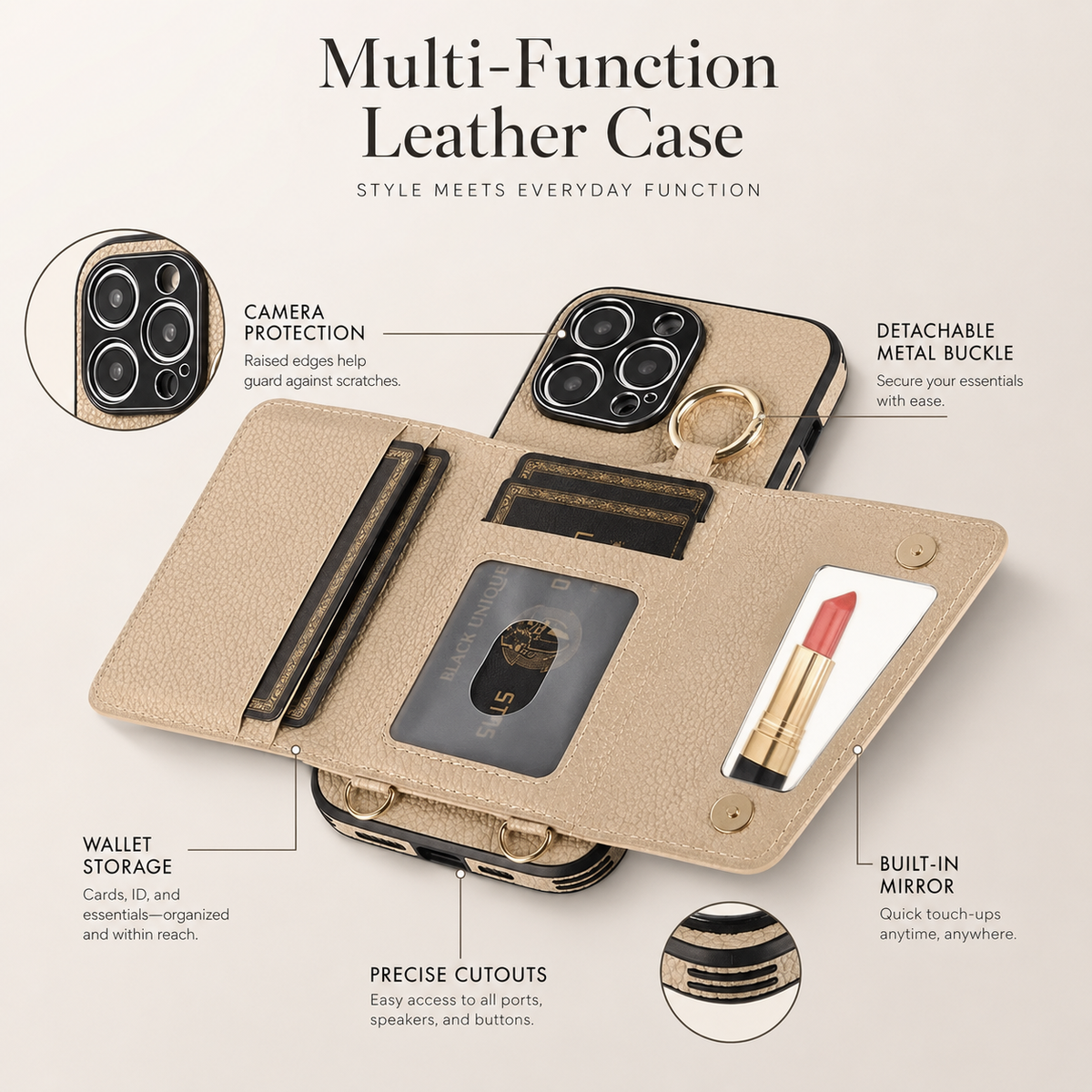 Premium iPhone Case MagSafe Compatible Crossbody Wallet Cover PU Leather Card Slots Ring Holder Full Protection