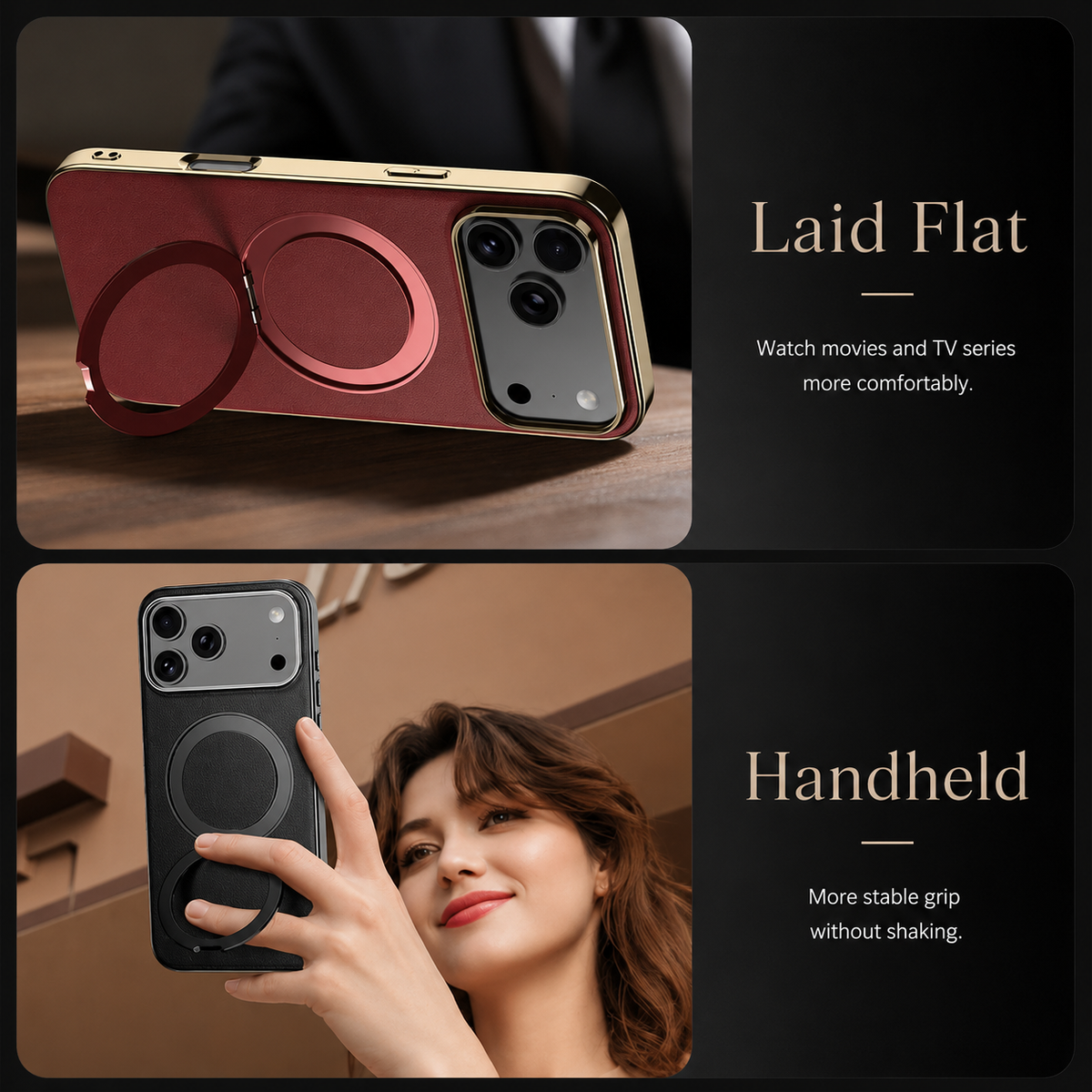 Premium iPhone Case MagSafe Compatible Leather Ring Holder Cover Lens Protection