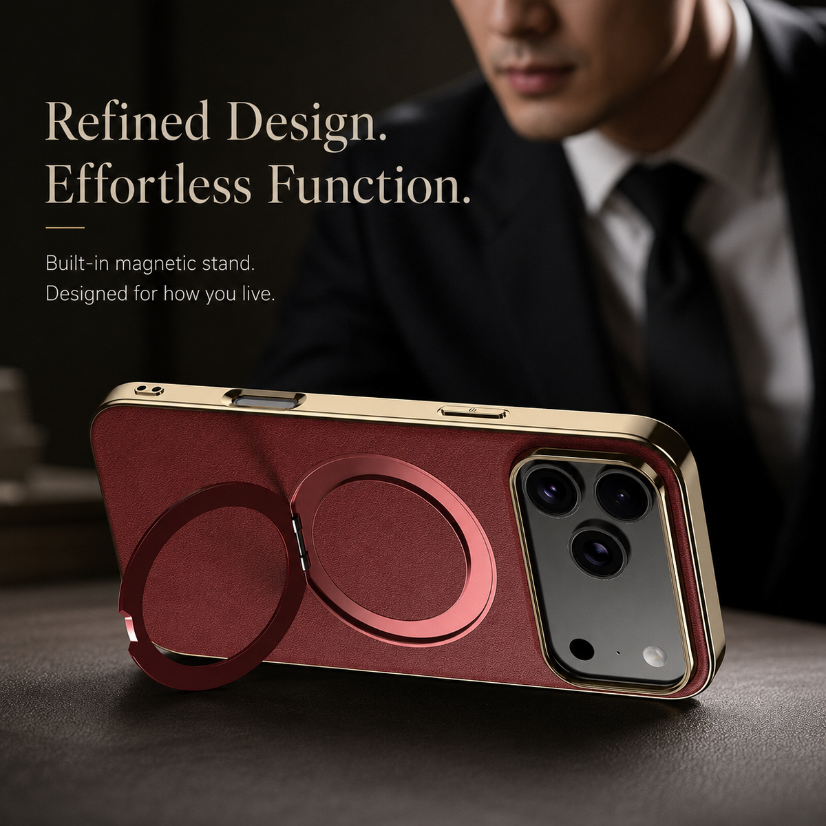 Premium iPhone Case MagSafe Compatible Leather Ring Holder Cover Lens Protection