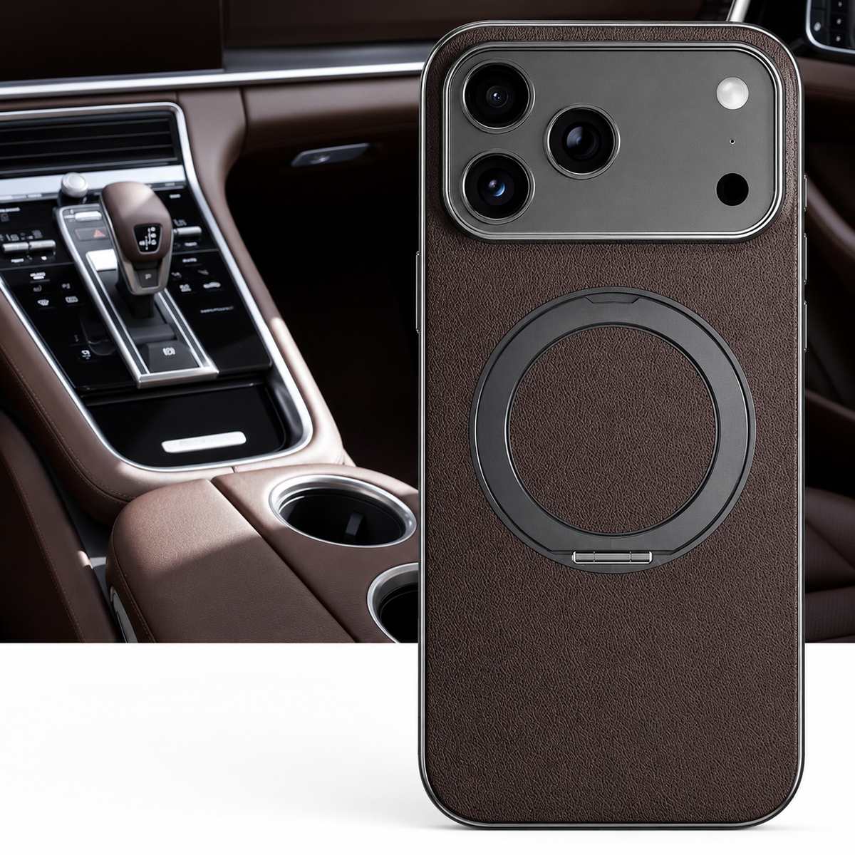 Premium iPhone Case MagSafe Compatible Leather Ring Holder Cover Lens Protection