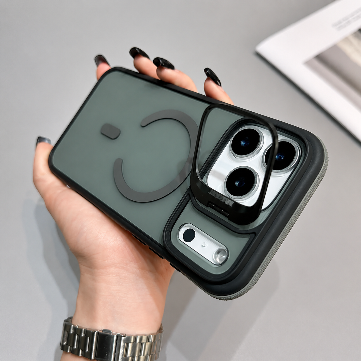 Premium iPhone Case MagSafe Compatible Matte Transparent Protective Cover Metal Kickstand Shockproof Armor Wireless Charging Full Coverage