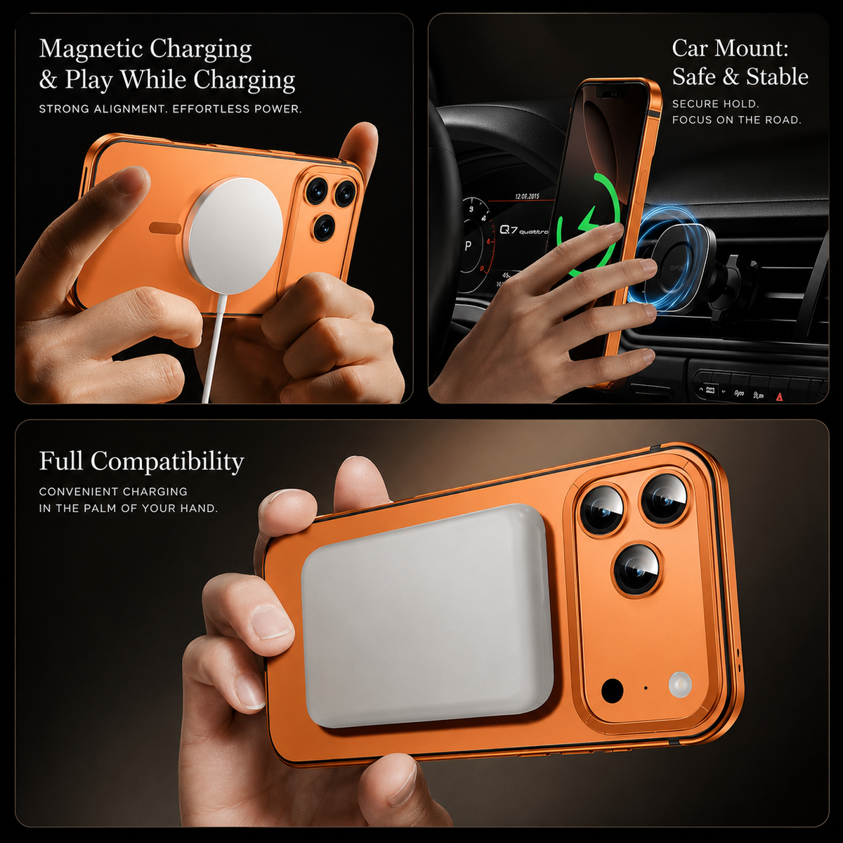Premium iPhone Case MagSafe Compatible Orange Aluminum Alloy Cover Shockproof Matte Protection