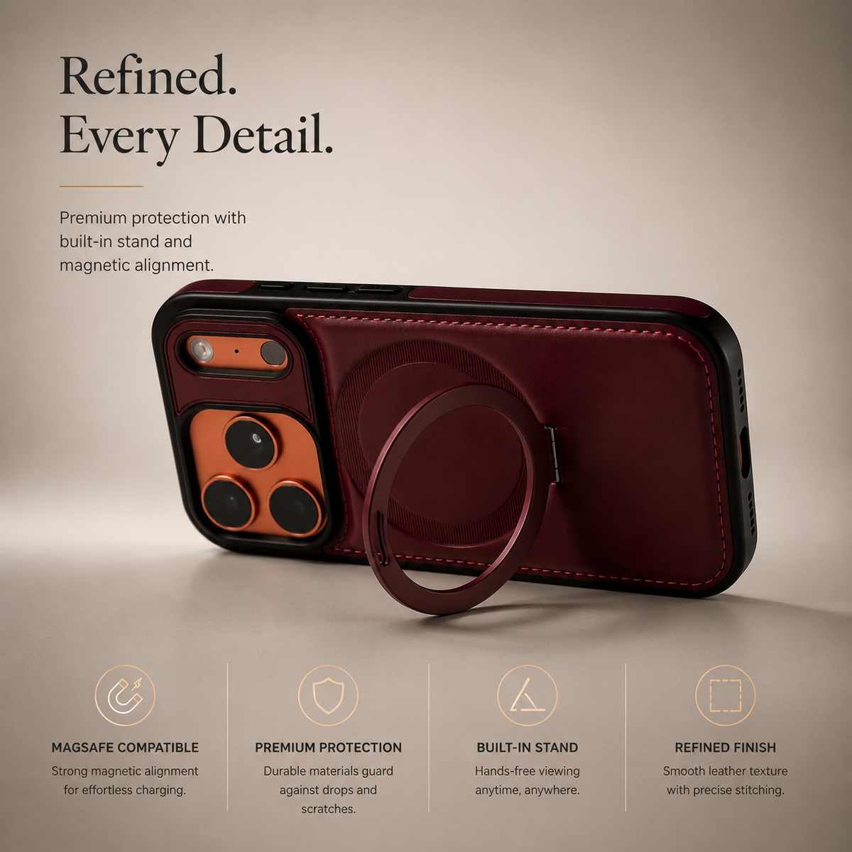 Premium iPhone Case MagSafe Compatible Retro Leather Protective Cover Invisible Kickstand Shockproof Slim Business Full Coverage