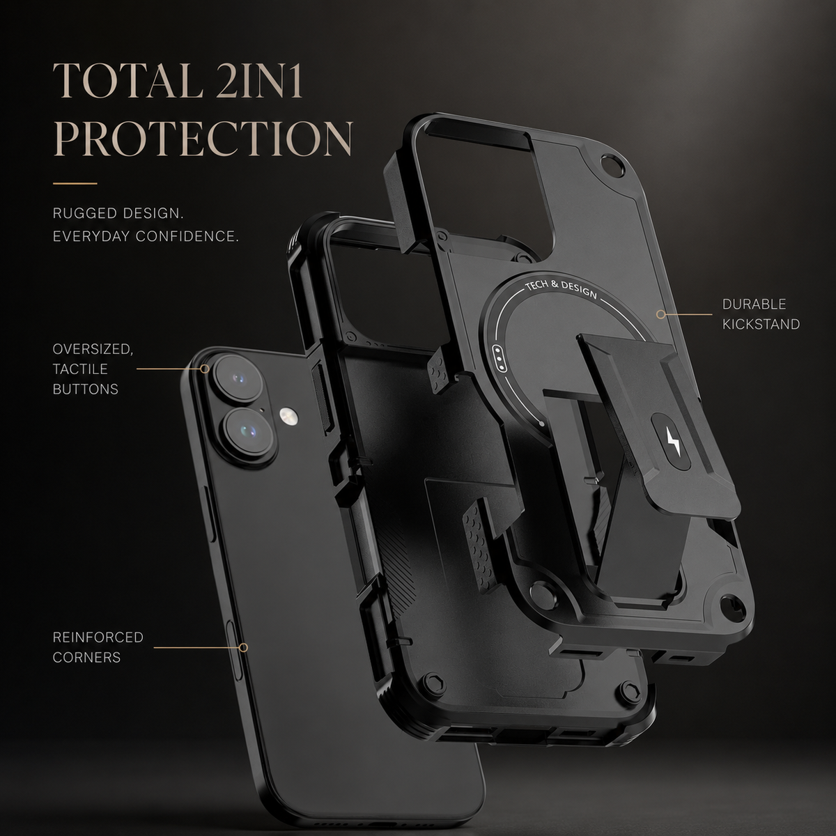 Premium iPhone Case MagSafe Compatible Rugged Hybrid Cover Kickstand Lanyard Protection