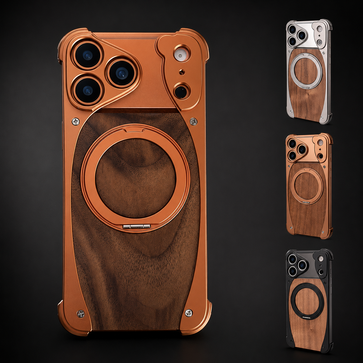 Premium iPhone Case MagSafe Compatible Walnut Wood Aluminum Cover Shockproof Protection