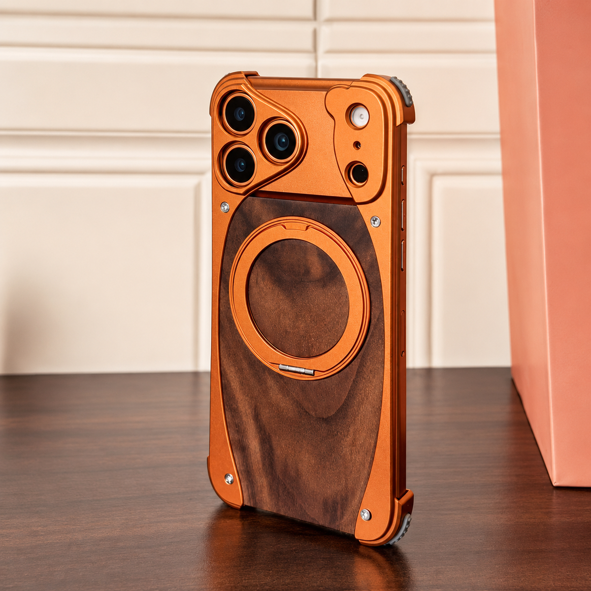 Premium iPhone Case MagSafe Compatible Walnut Wood Aluminum Cover Shockproof Protection