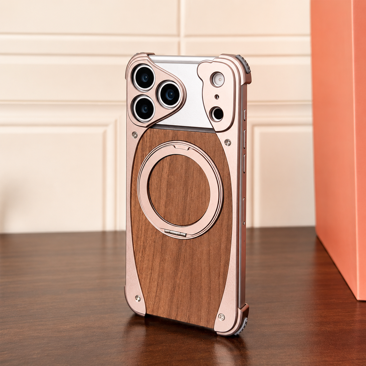 Premium iPhone Case MagSafe Compatible Walnut Wood Aluminum Cover Shockproof Protection