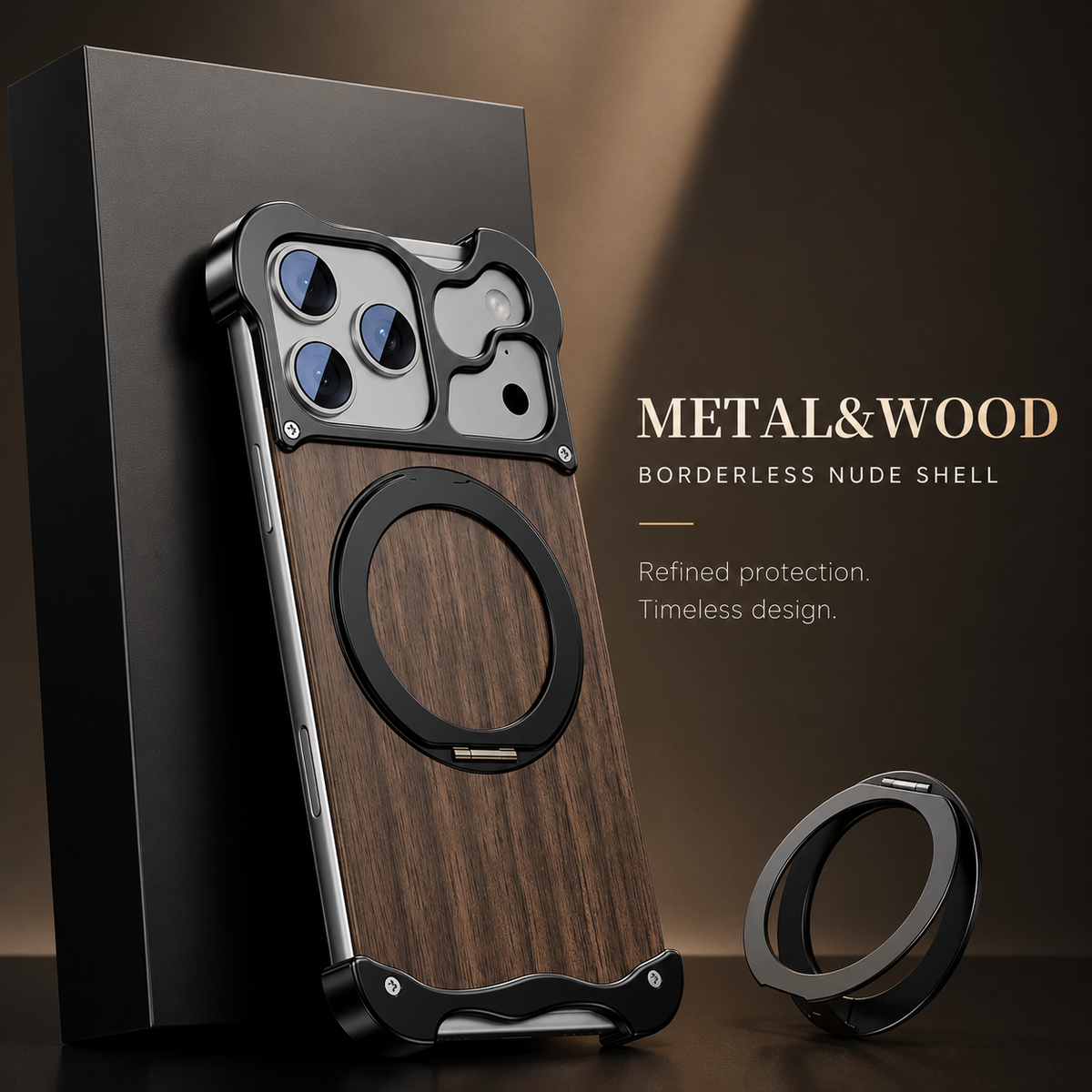 Premium iPhone Case MagSafe Compatible Wood Back Cover Aluminum Frame 360° Rotating Ring Stand Shockproof Protection
