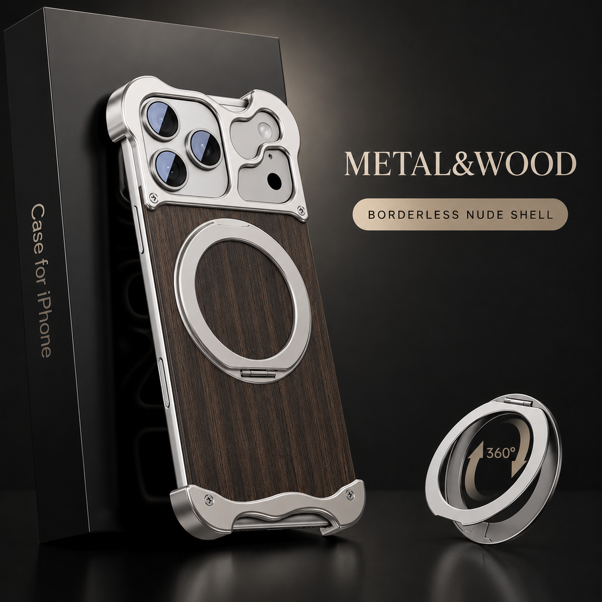 Premium iPhone Case MagSafe Compatible Wood Back Cover Aluminum Frame 360° Rotating Ring Stand Shockproof Protection