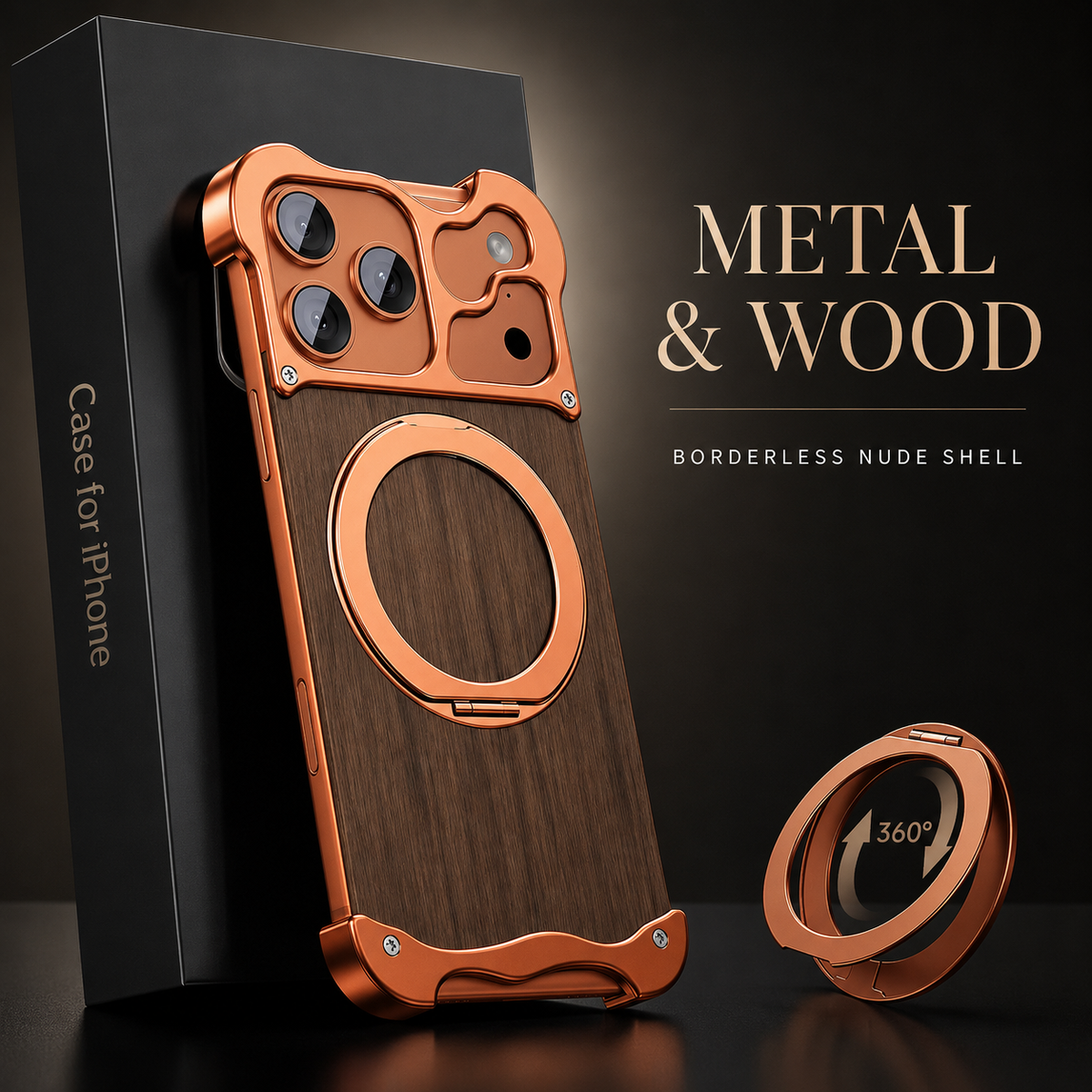 Premium iPhone Case MagSafe Compatible Wood Back Cover Aluminum Frame 360° Rotating Ring Stand Shockproof Protection
