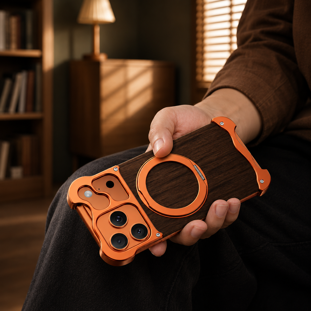 Premium iPhone Case MagSafe Compatible Wood Back Cover Aluminum Frame 360° Rotating Ring Stand Shockproof Protection