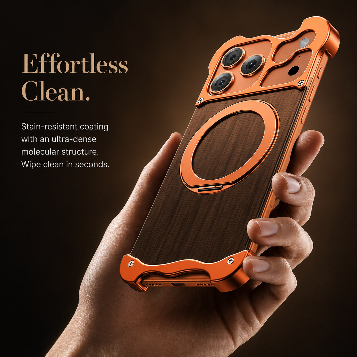 Premium iPhone Case MagSafe Compatible Wood Back Cover Aluminum Frame 360° Rotating Ring Stand Shockproof Protection