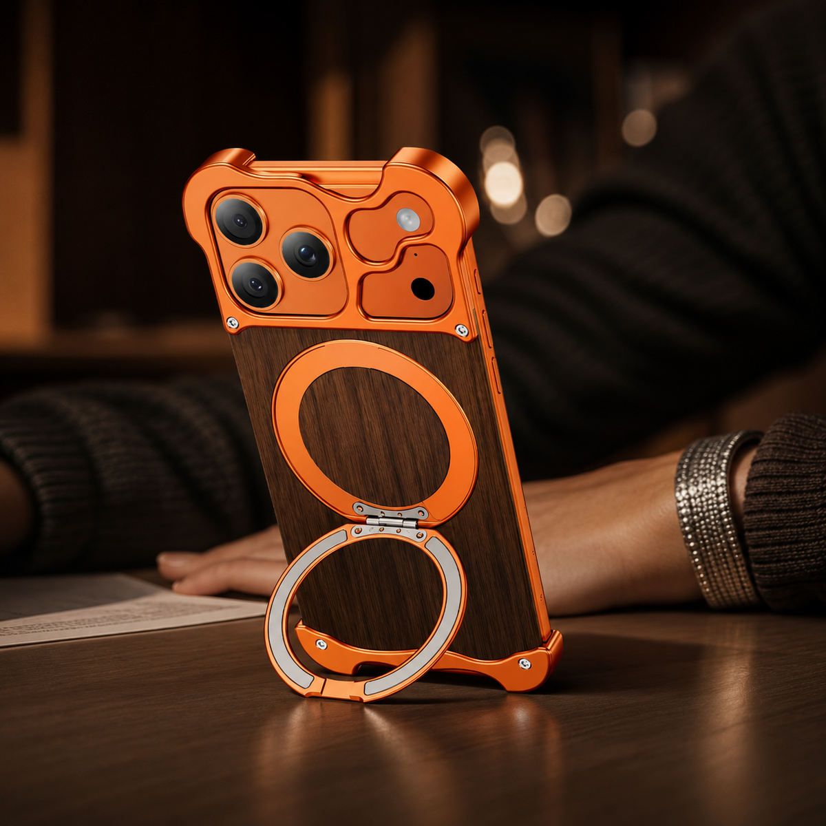 Premium iPhone Case MagSafe Compatible Wood Back Cover Aluminum Frame 360° Rotating Ring Stand Shockproof Protection