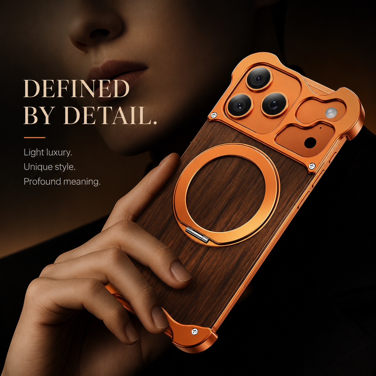 Premium iPhone Case MagSafe Compatible Wood Back Cover Aluminum Frame 360° Rotating Ring Stand Shockproof Protection