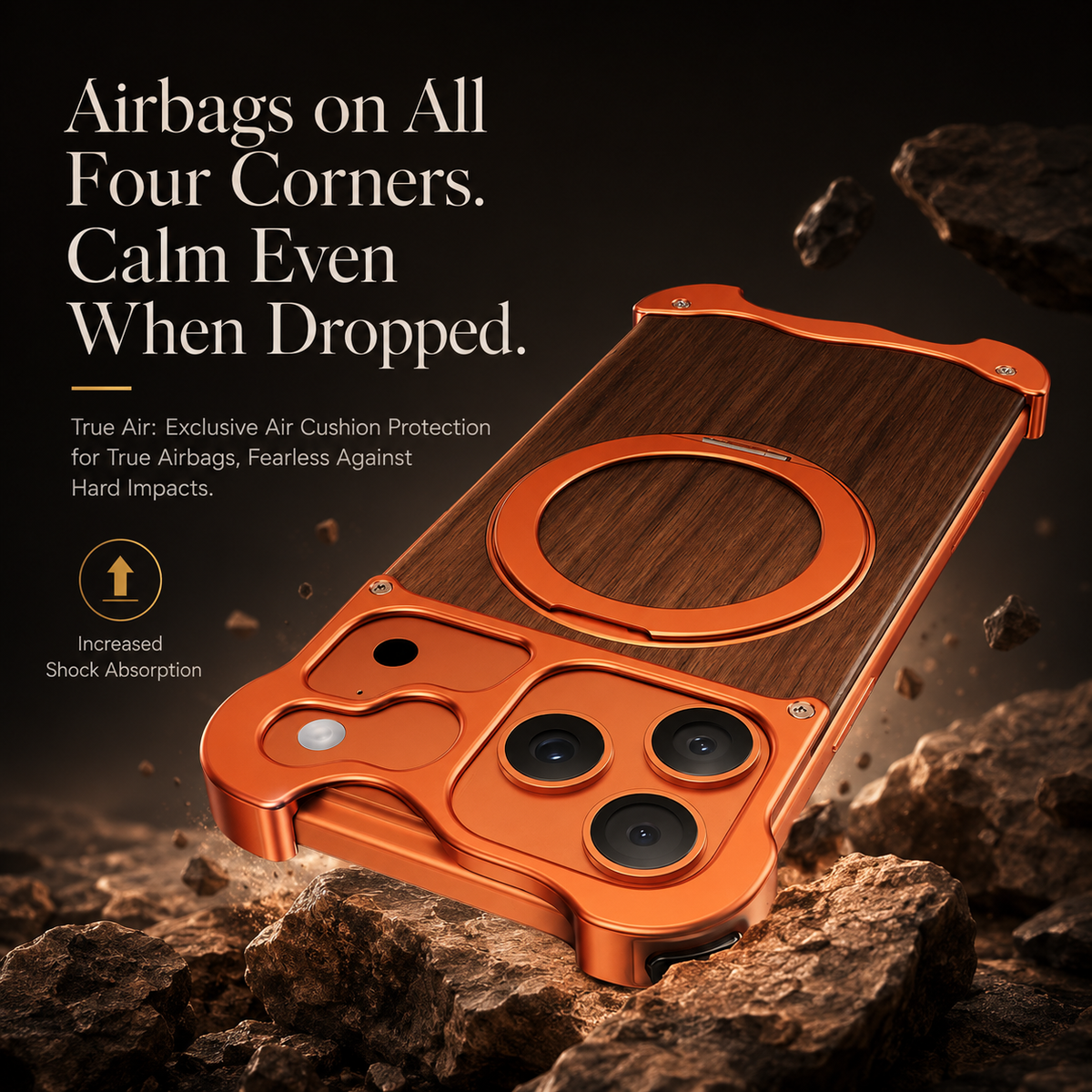 Premium iPhone Case MagSafe Compatible Wood Back Cover Aluminum Frame 360° Rotating Ring Stand Shockproof Protection