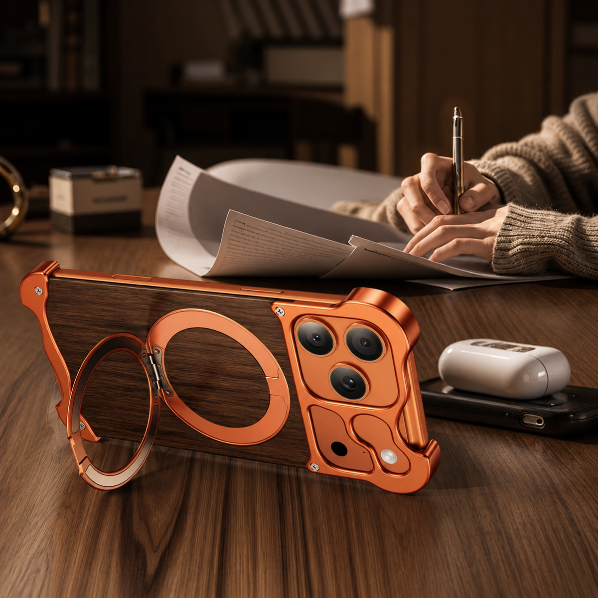Premium iPhone Case MagSafe Compatible Wood Back Cover Aluminum Frame 360° Rotating Ring Stand Shockproof Protection