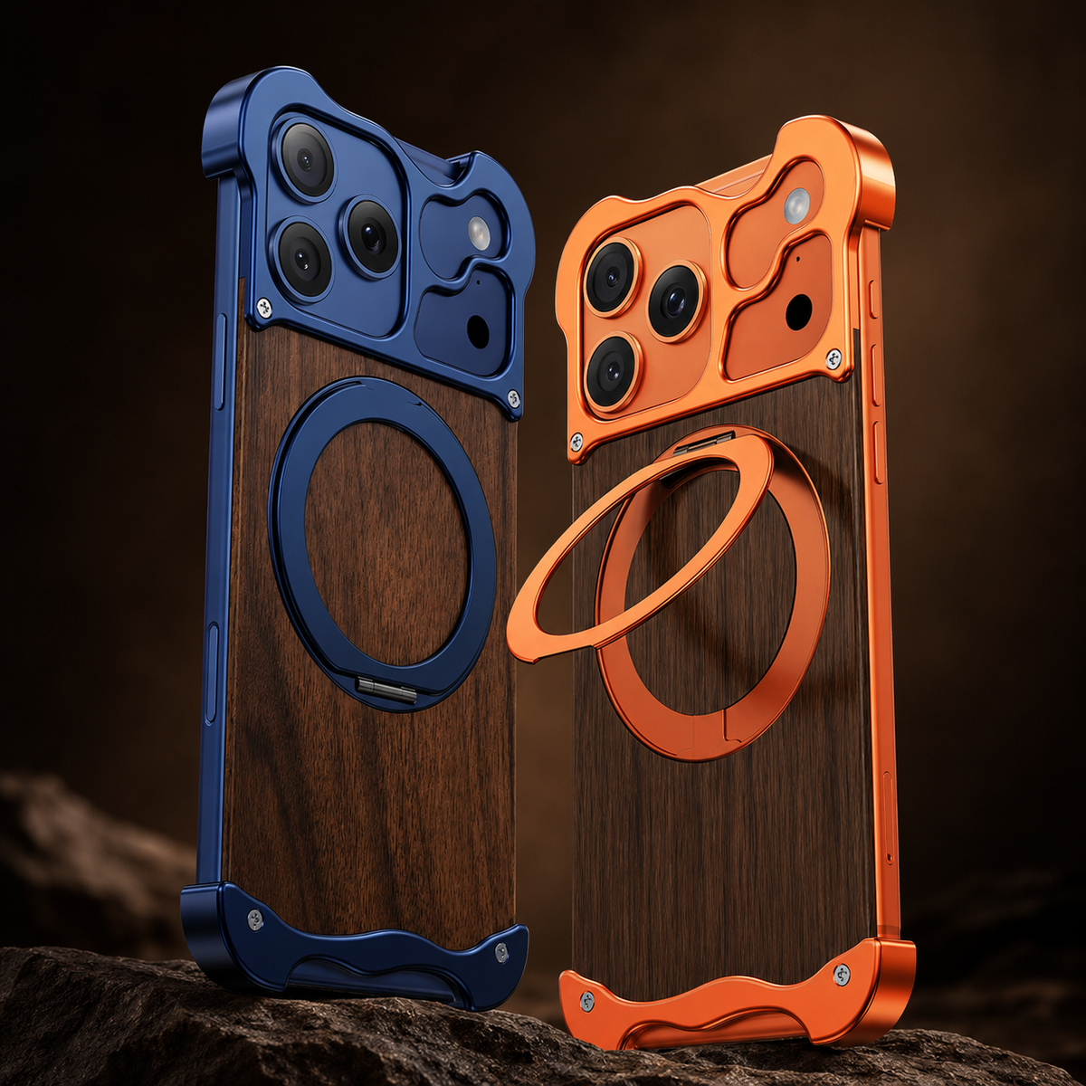 Premium iPhone Case MagSafe Compatible Wood Back Cover Aluminum Frame 360° Rotating Ring Stand Shockproof Protection
