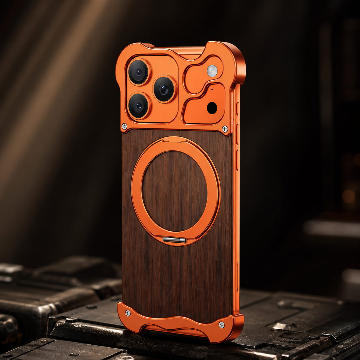 Premium iPhone Case MagSafe Compatible Wood Back Cover Aluminum Frame 360° Rotating Ring Stand Shockproof Protection