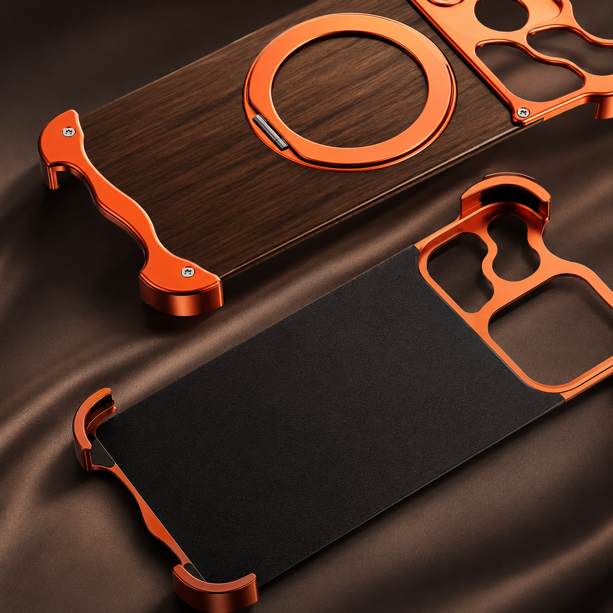 Premium iPhone Case MagSafe Compatible Wood Back Cover Aluminum Frame 360° Rotating Ring Stand Shockproof Protection