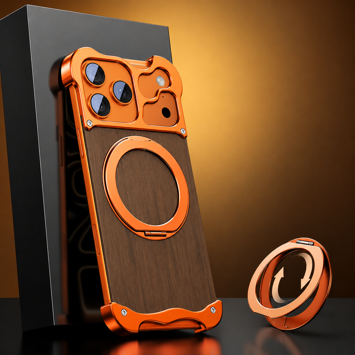 Premium iPhone Case MagSafe Compatible Wood Back Cover Aluminum Frame 360° Rotating Ring Stand Shockproof Protection