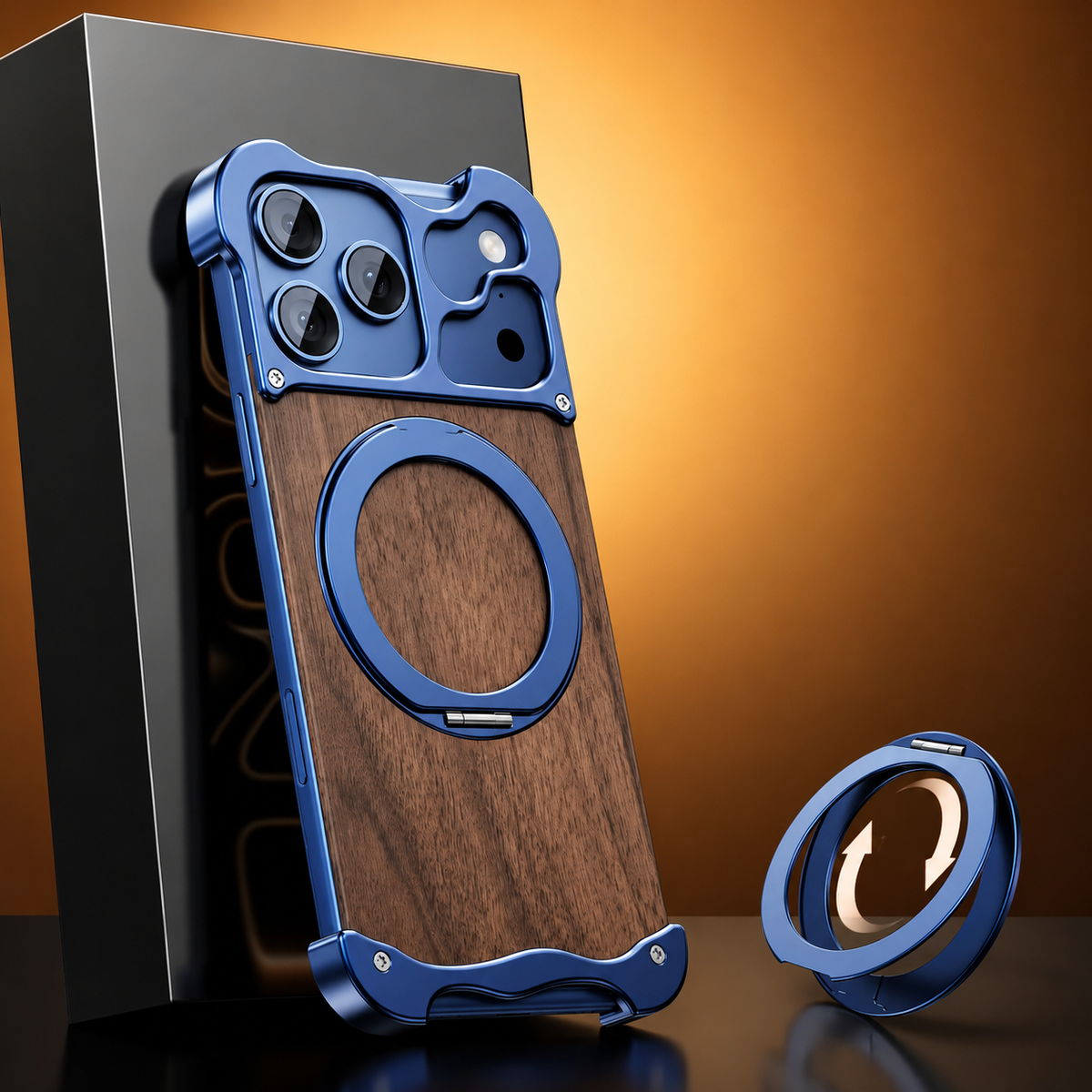 Premium iPhone Case MagSafe Compatible Wood Back Cover Aluminum Frame 360° Rotating Ring Stand Shockproof Protection