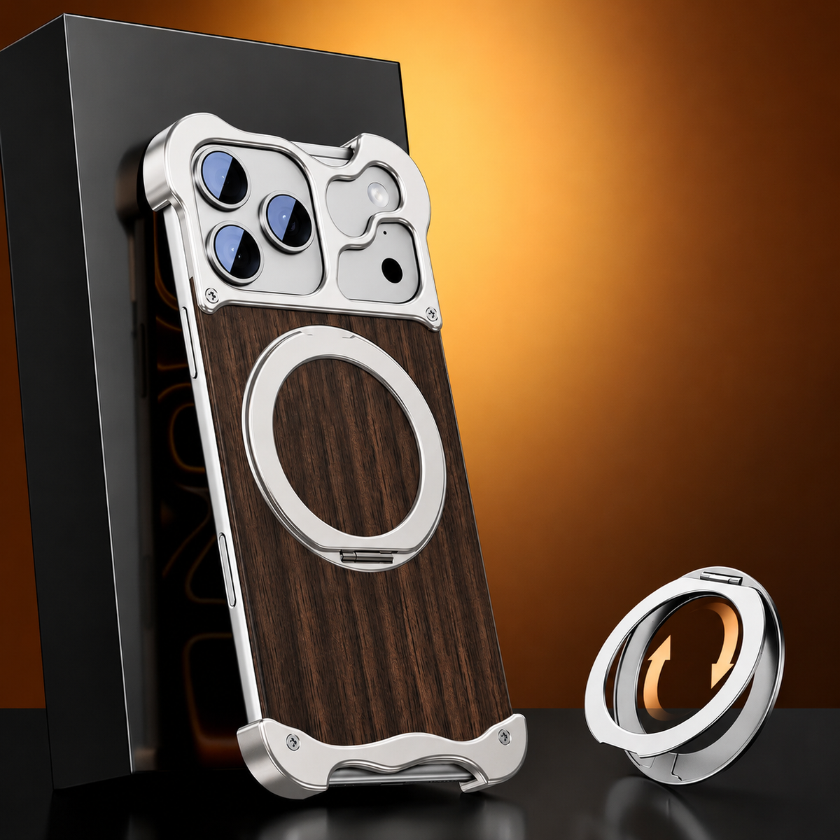 Premium iPhone Case MagSafe Compatible Wood Back Cover Aluminum Frame 360° Rotating Ring Stand Shockproof Protection