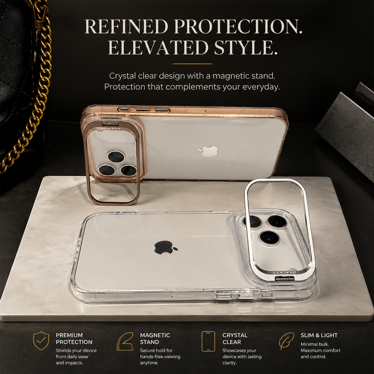 Premium iPhone Case MagSafe Crystal Clear Hard PC Bumper Shockproof Camera Lens Stand Armor Protection