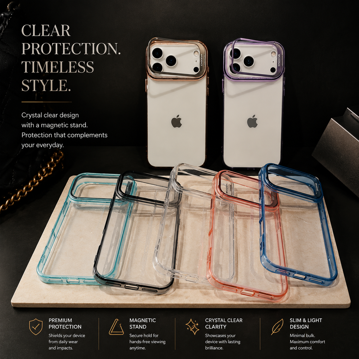 Premium iPhone Case MagSafe Crystal Clear Hard PC Bumper Shockproof Camera Lens Stand Armor Protection