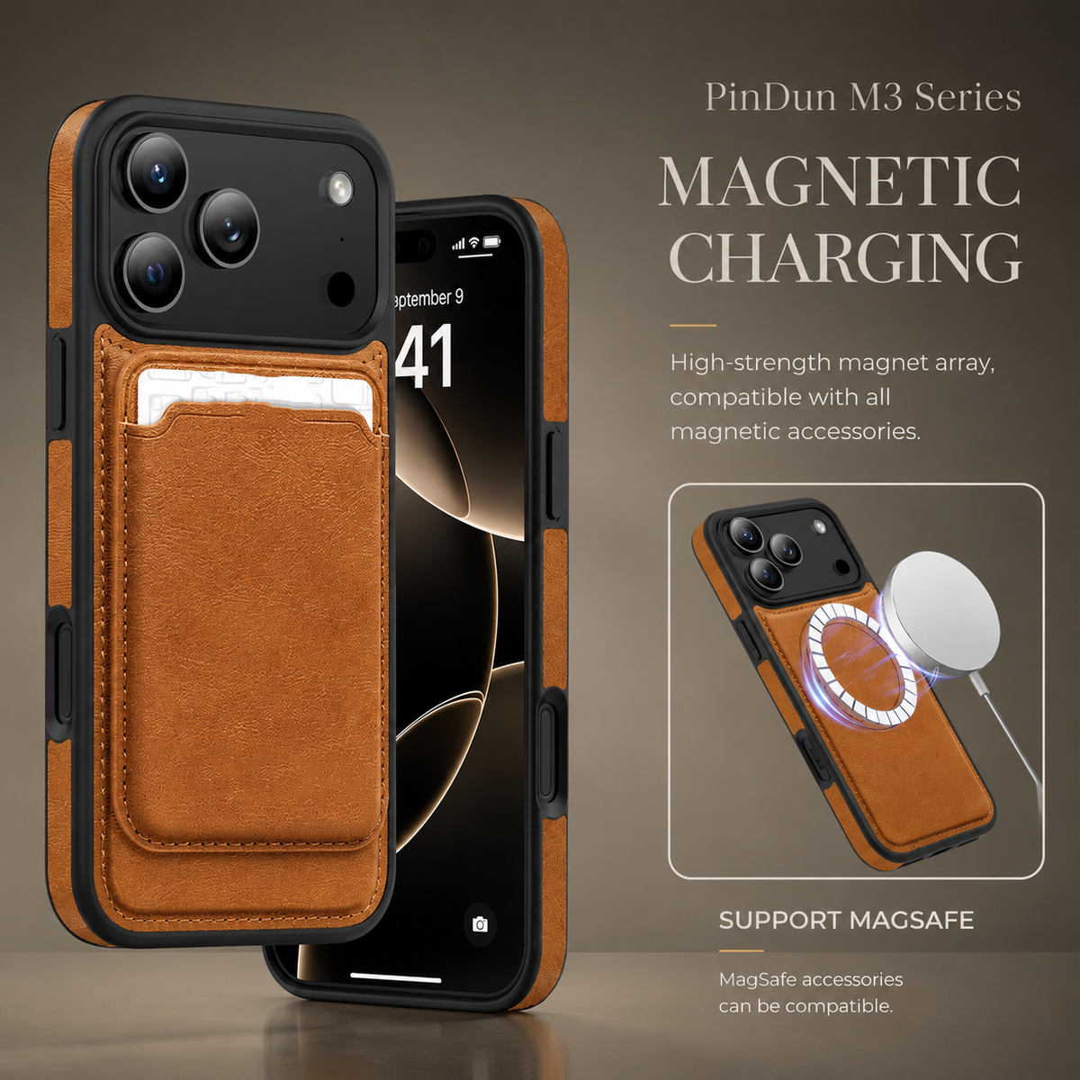 Premium iPhone Case Magnetic 2 In 1 Leather Card Holder Cover Wireless Charging Compatible Shockproof Dual Layer Protective Case