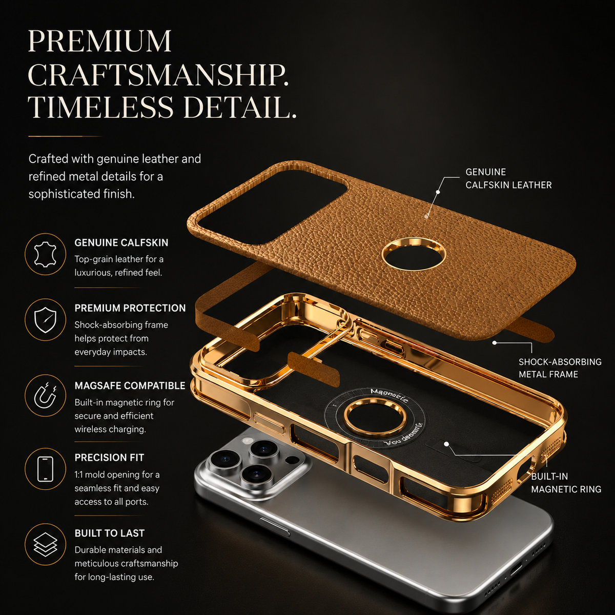 Premium iPhone Case Magnetic Cowhide Leather Cover Lychee Texture Slim Protective Anti Fingerprint Grip
