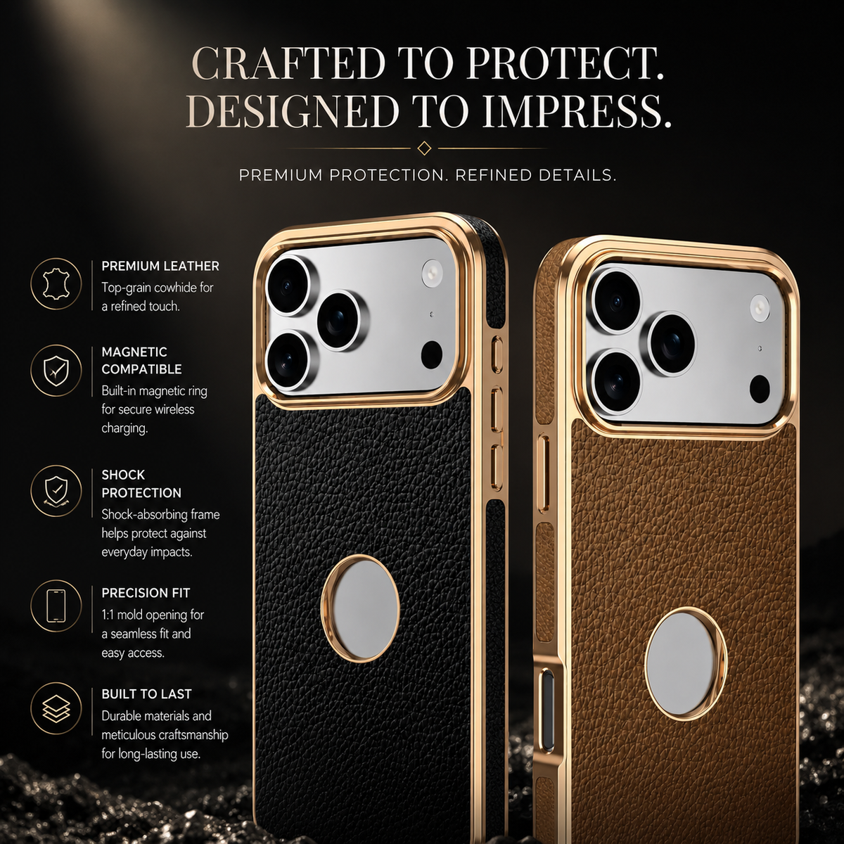 Premium iPhone Case Magnetic Cowhide Leather Cover Lychee Texture Slim Protective Anti Fingerprint Grip
